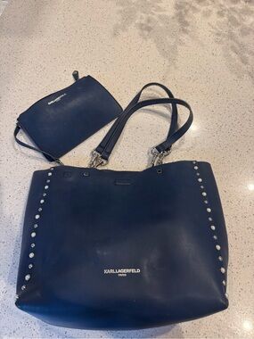 Karl Lagerfeld Paris Navy Pearl Studded Tote + Strap & Pouch